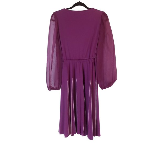 vintage 1970's dress size Medium balloon sleeves sheer purple pleated white trim - Picture 2 of 7